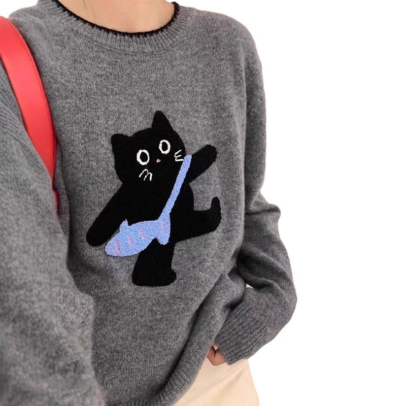 Pull femme en laine douce avec motif de chat Chic und Stil