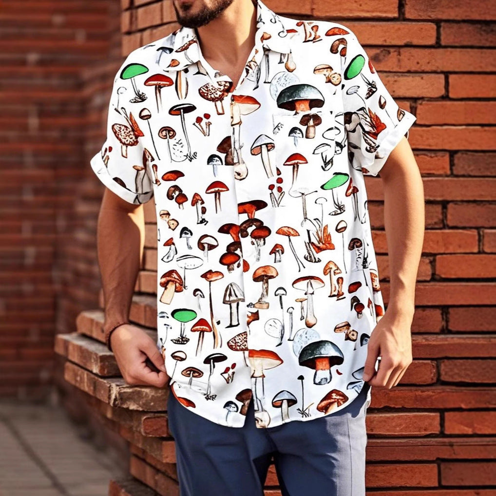 Chemise à manches courtes pour hommes avec un motif de champignon coloré et en coton respirant Chic und Stil