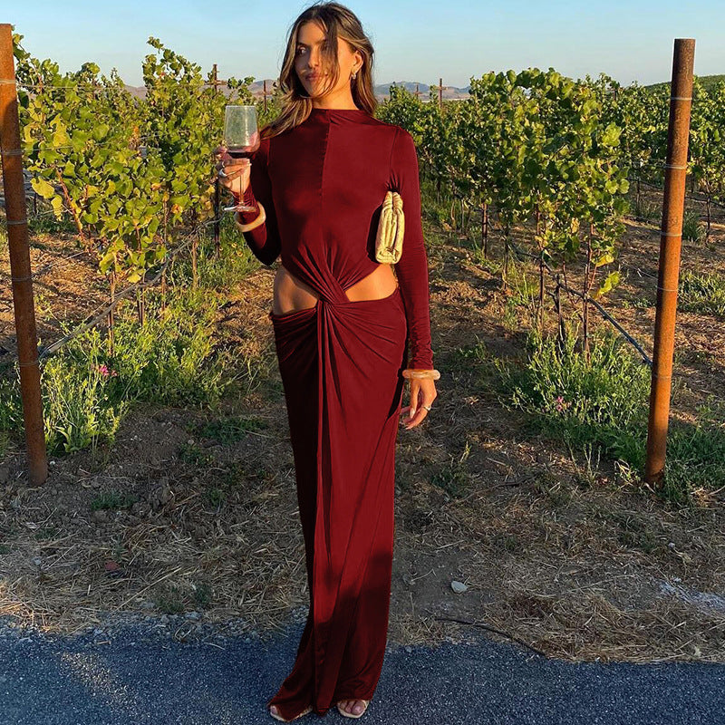 Dames Élégante robe maxi à manches longues avec design noué raffiné et découpes latérales Chic und Stil