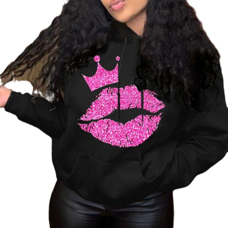 Ladies' hoodie with eye-catching lips pattern and crown Chic and Style