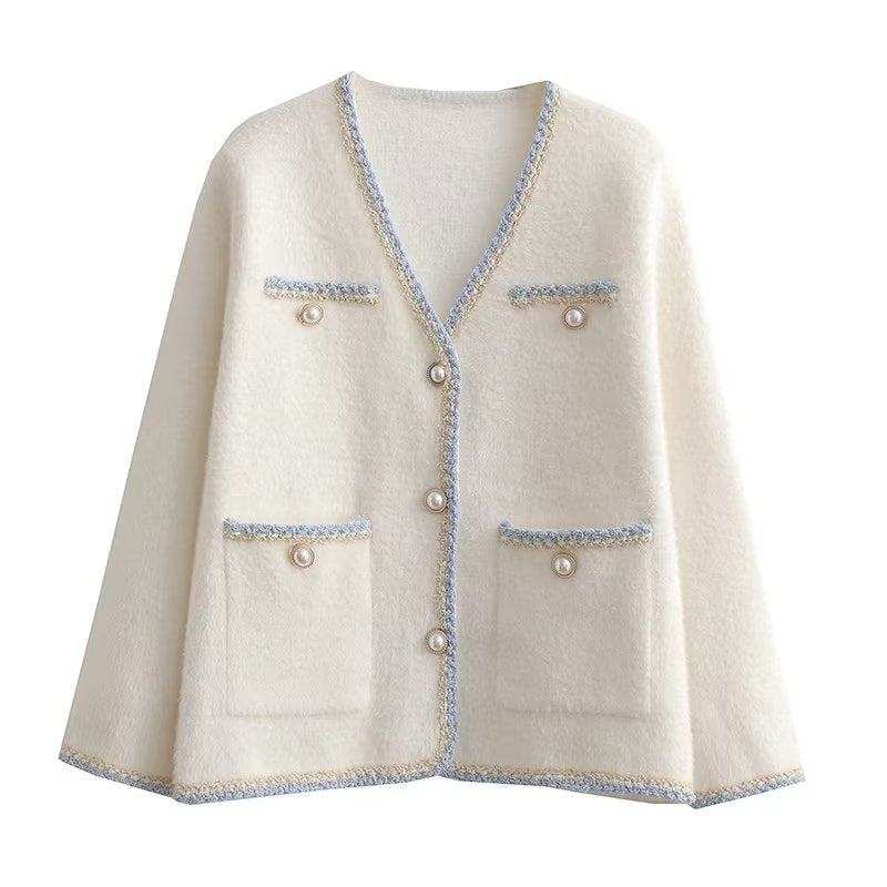 Cardigan élégant en tricot pour femmes avec des boutons décoratifs en perles et des poches pratiques Chic und Stil