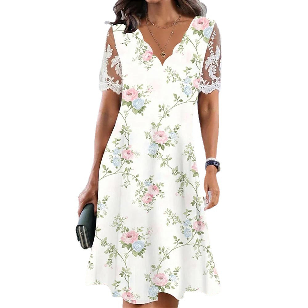 Robe femme chic et stylée en dentelle à fleurs à manches en V