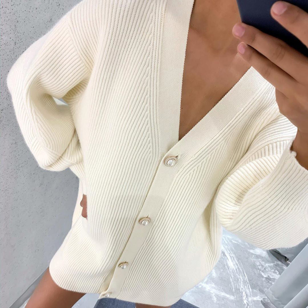 Cardigan en gros tricot pour femmes avec élégants boutons en perles Chic und Stil