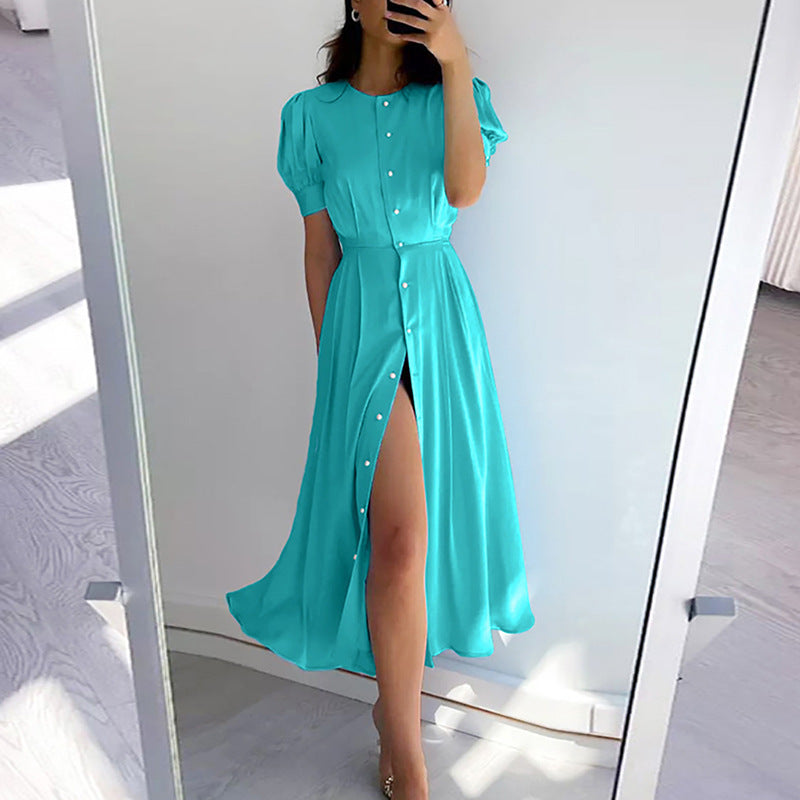 Robe maxi femme avec boutonnage, manches bouffantes et fente latérale Chic und Stil