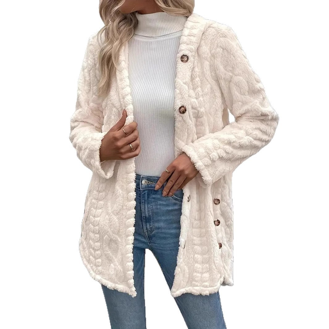 Fuzzy jacket for ladies with hood and button closure Chic und Stil