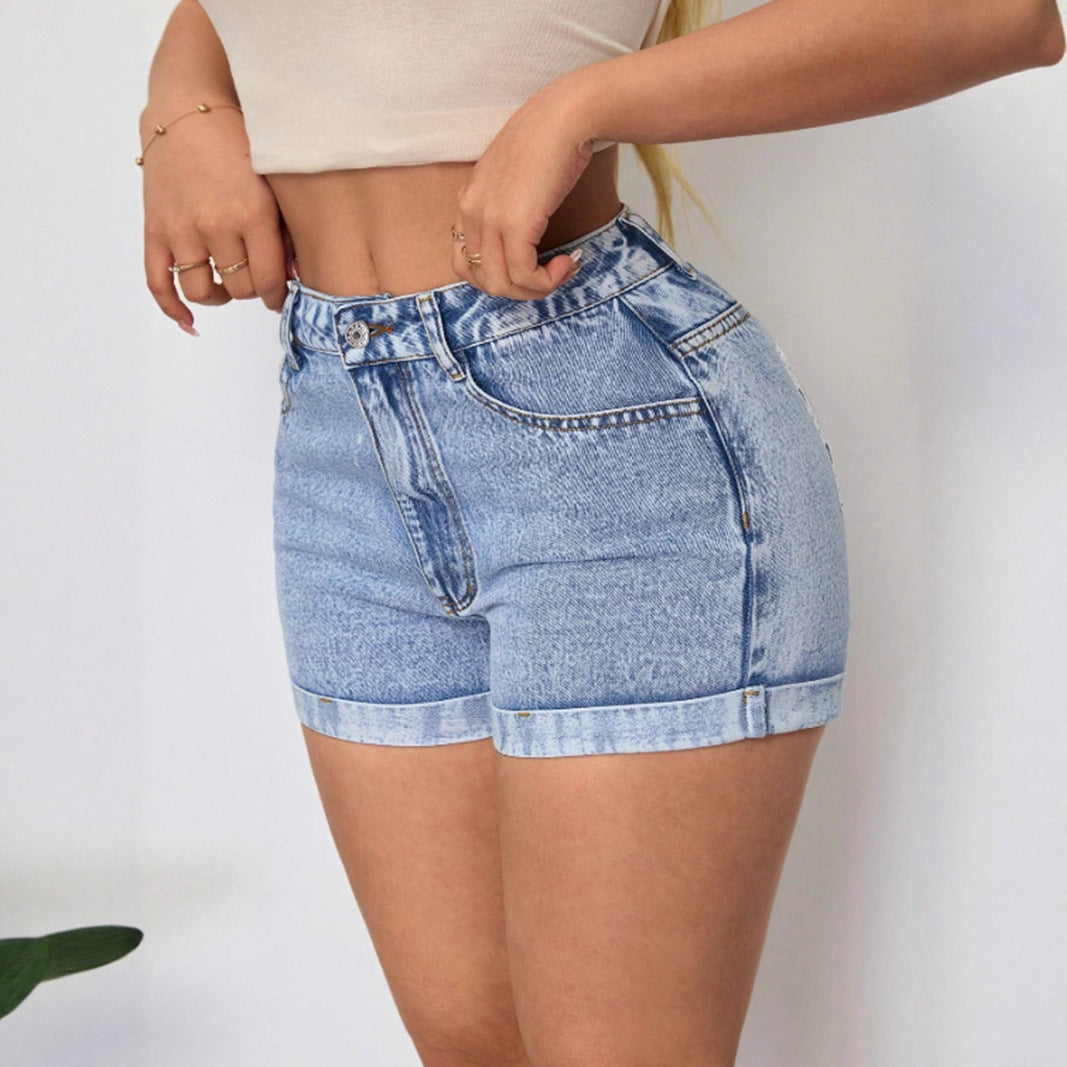 Shorts en jean taille haute pour femmes avec ourlet retourné à la mode Chic und Stil