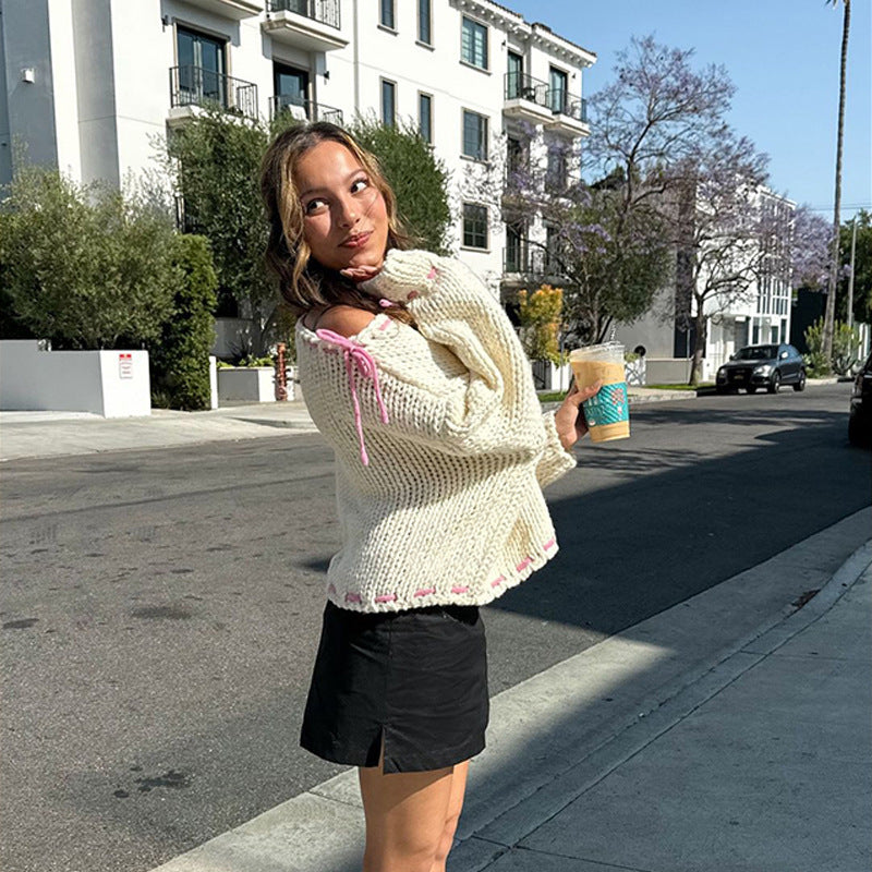 Pull en grosse maille pour femmes avec un design décontracté à épaules dénudées Chic und Stil