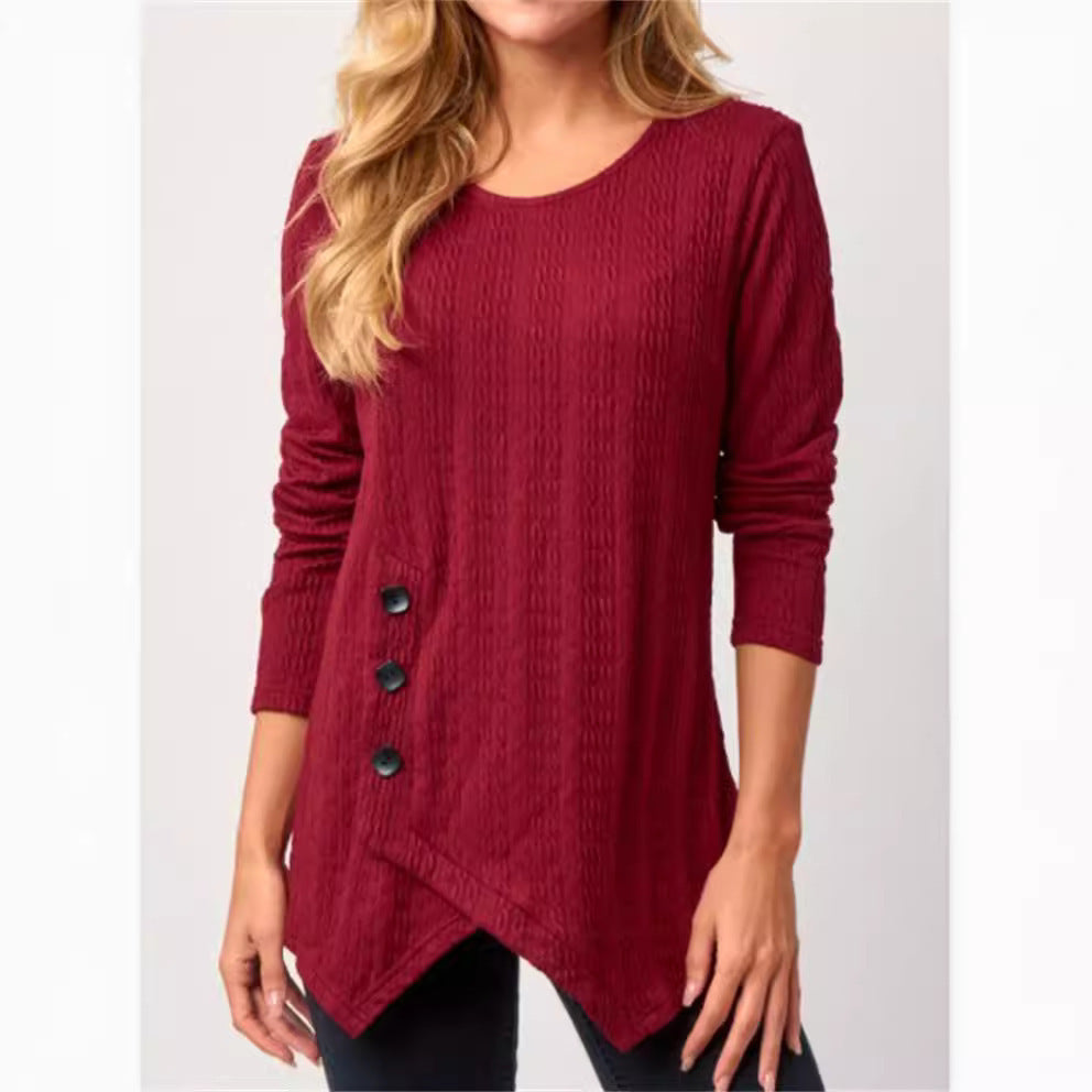 T-shirt à manches longues asymétrique pour femmes avec détails de boutons et design texturé Chic und Stil