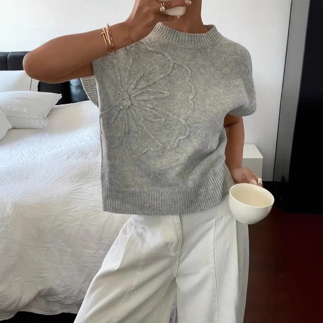 Pull femme à manches courtes avec motif floral en relief et coupe décontractée Chic und Stil
