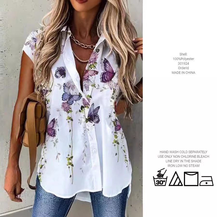 Blouse à manches courtes pour femmes avec motif floral et patte de boutonnage Chic und Stil