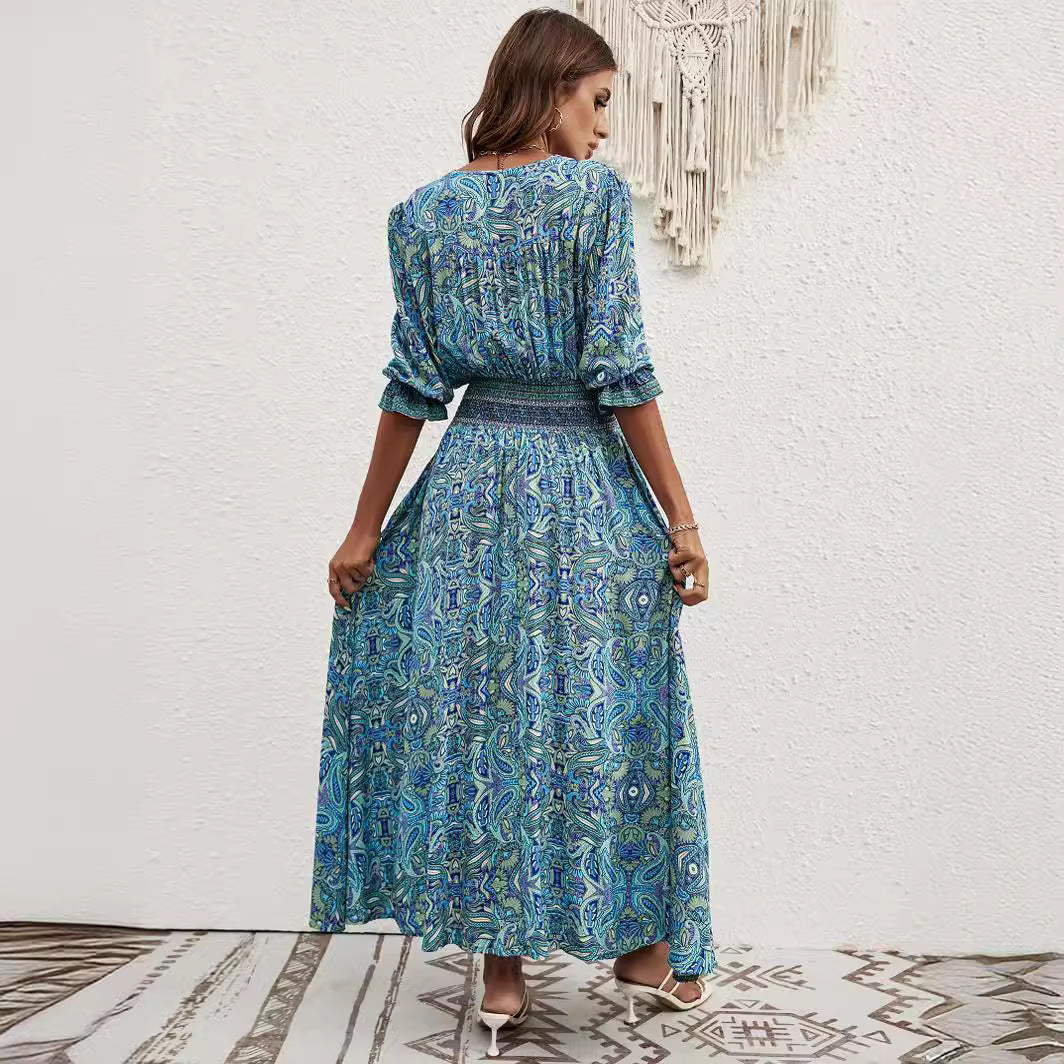 Robe maxi femme avec ceinture amovible à la taille et motif artistique Chic und Stil