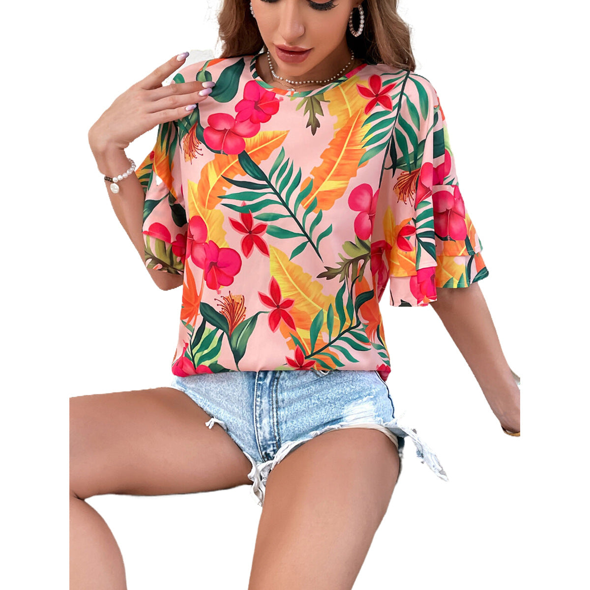 Top de blouse pour femmes avec motif floral et manches évasées Chic und Stil