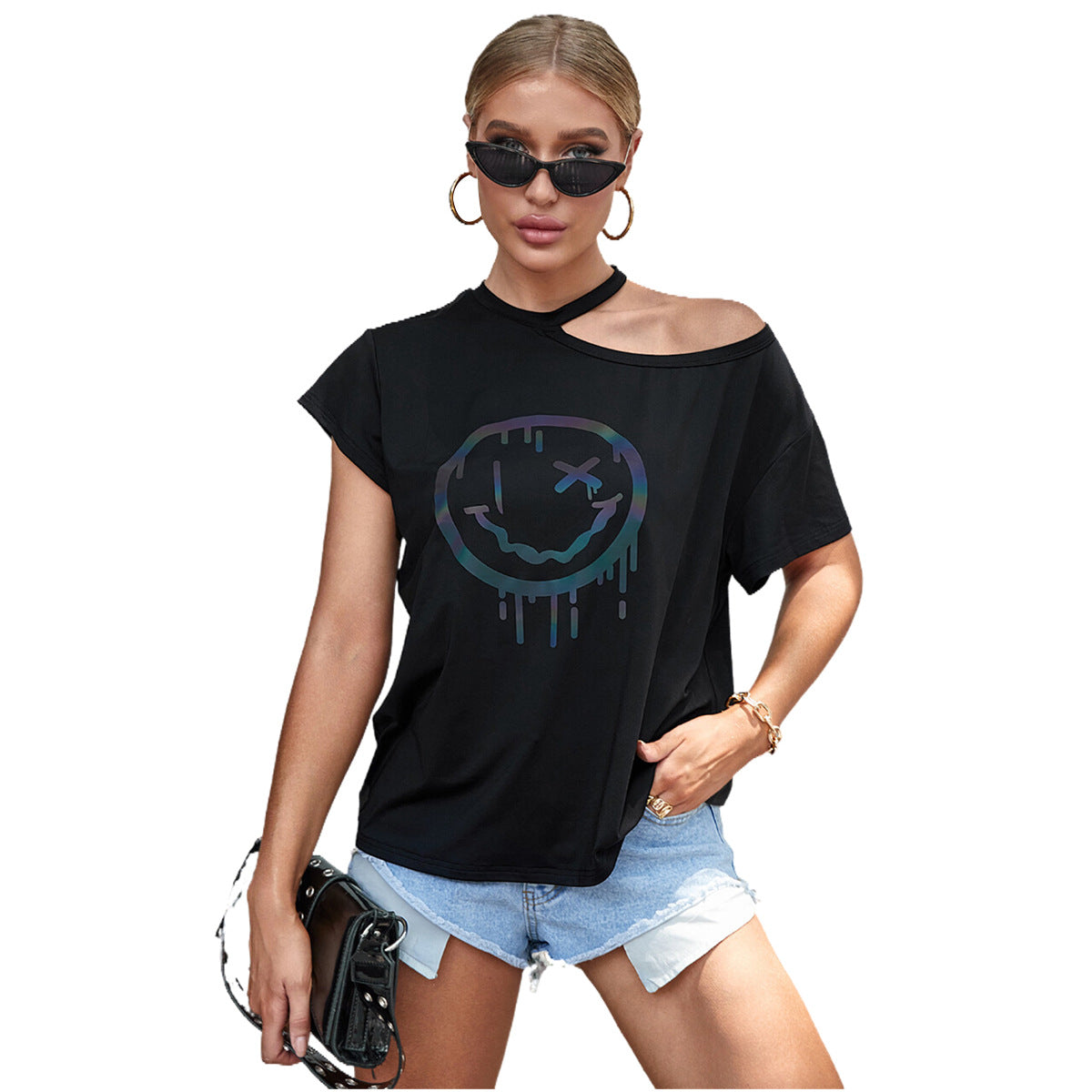 T-shirt décontracté surdimensionné pour femmes avec impression smiley coloré Chic und Stil