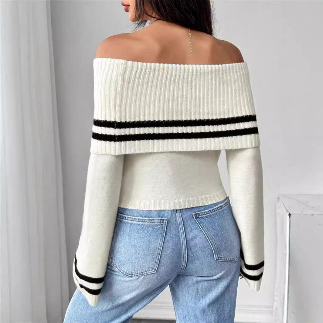 Dames Off-Shoulder Crop-Pullover avec des rayures décontractées Chic und Stil