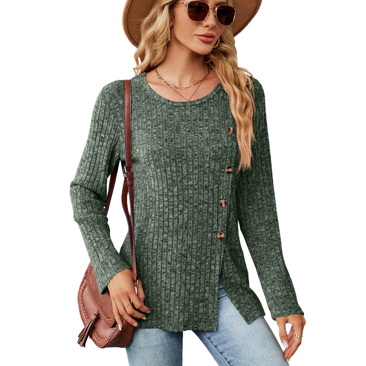 Blouse en tricot décontractée pour femmes avec un design à nouer et une fente latérale Chic und Stil