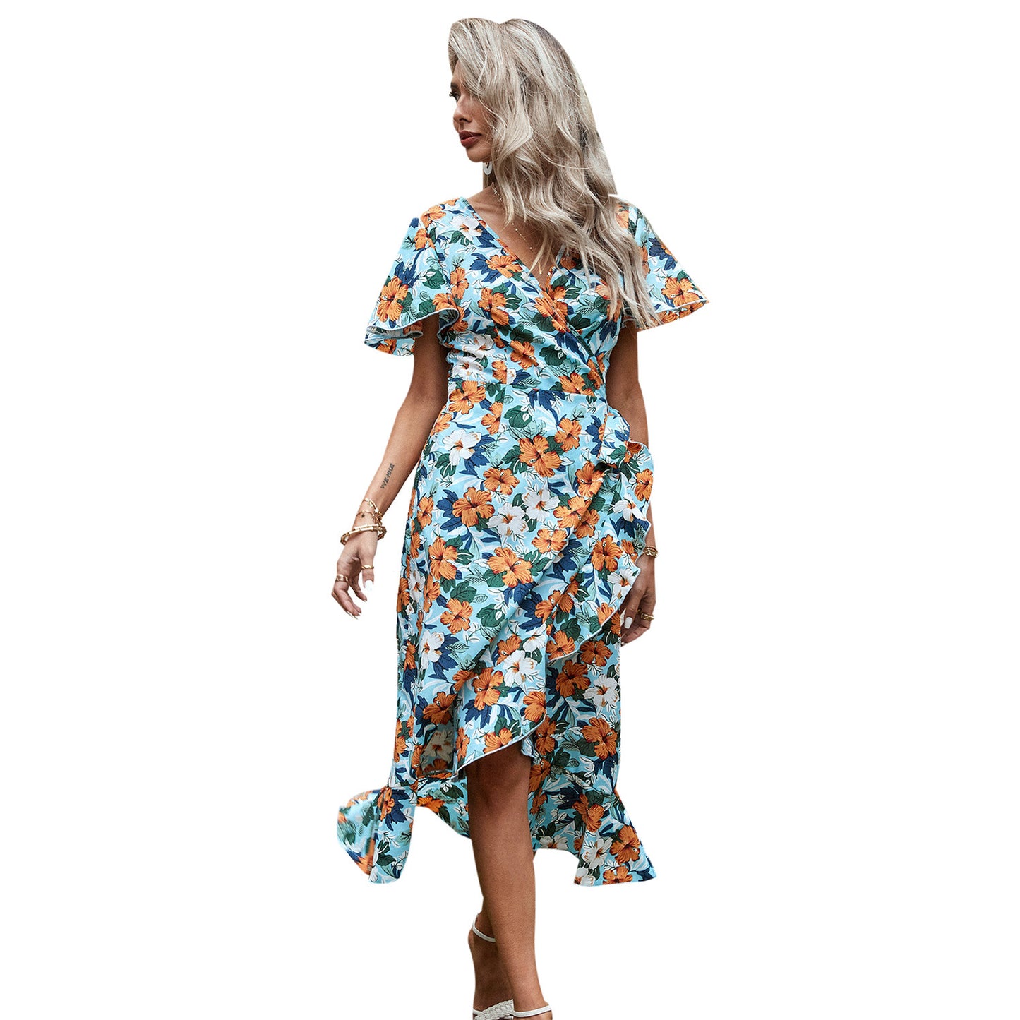 Robe maxi fluide pour femmes avec design floral et détail enveloppé Chic und Stil