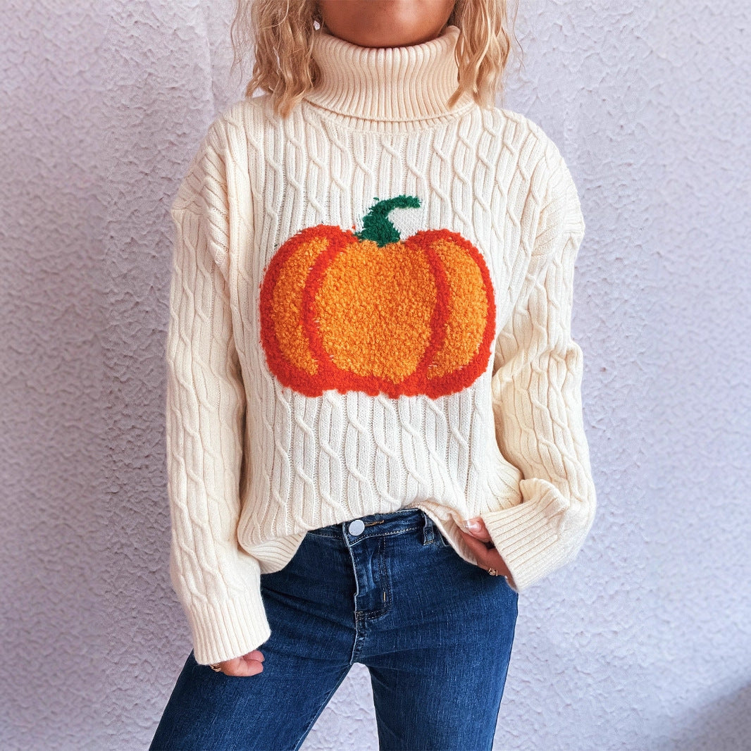 Pull en tricot pour femmes avec col roulé et design joyeux de citrouille Chic und Stil