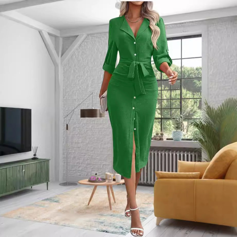 Robe chemise midi pour femmes avec ceinture à la taille Chic und Stil