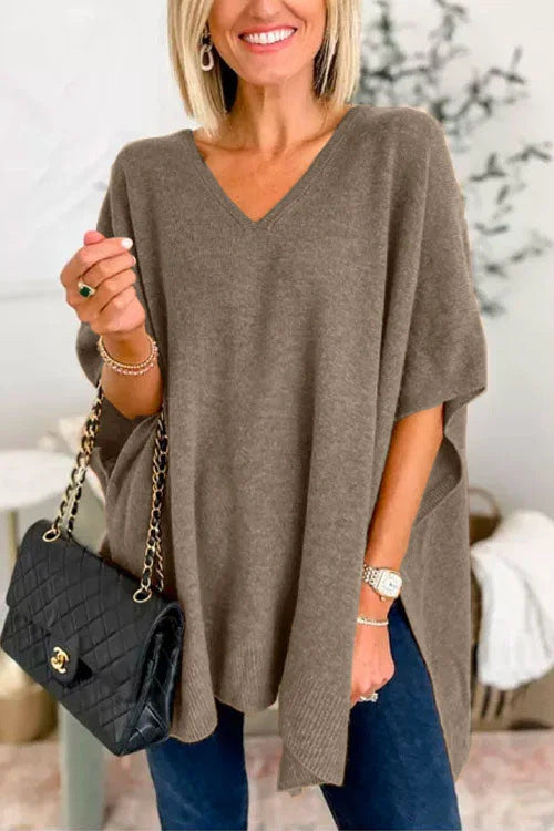 Pull V pour femmes en tricot fin avec des manches larges et un style décontracté Chic und Stil