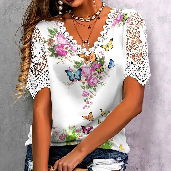 Blouse femme avec dentelle florale et imprimé papillon ludique Chic und Stil