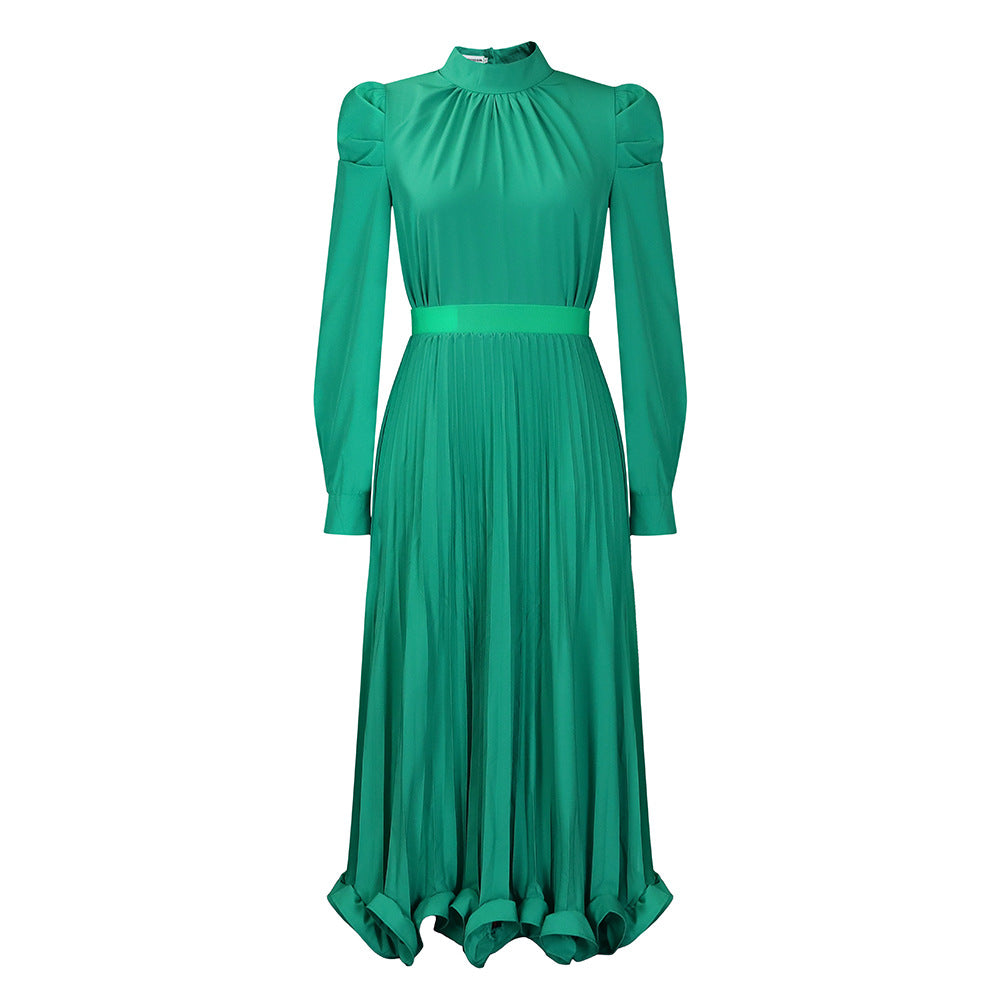 Dames Élégante Robe Midi avec Col Montant et Design Plissé Chic und Stil