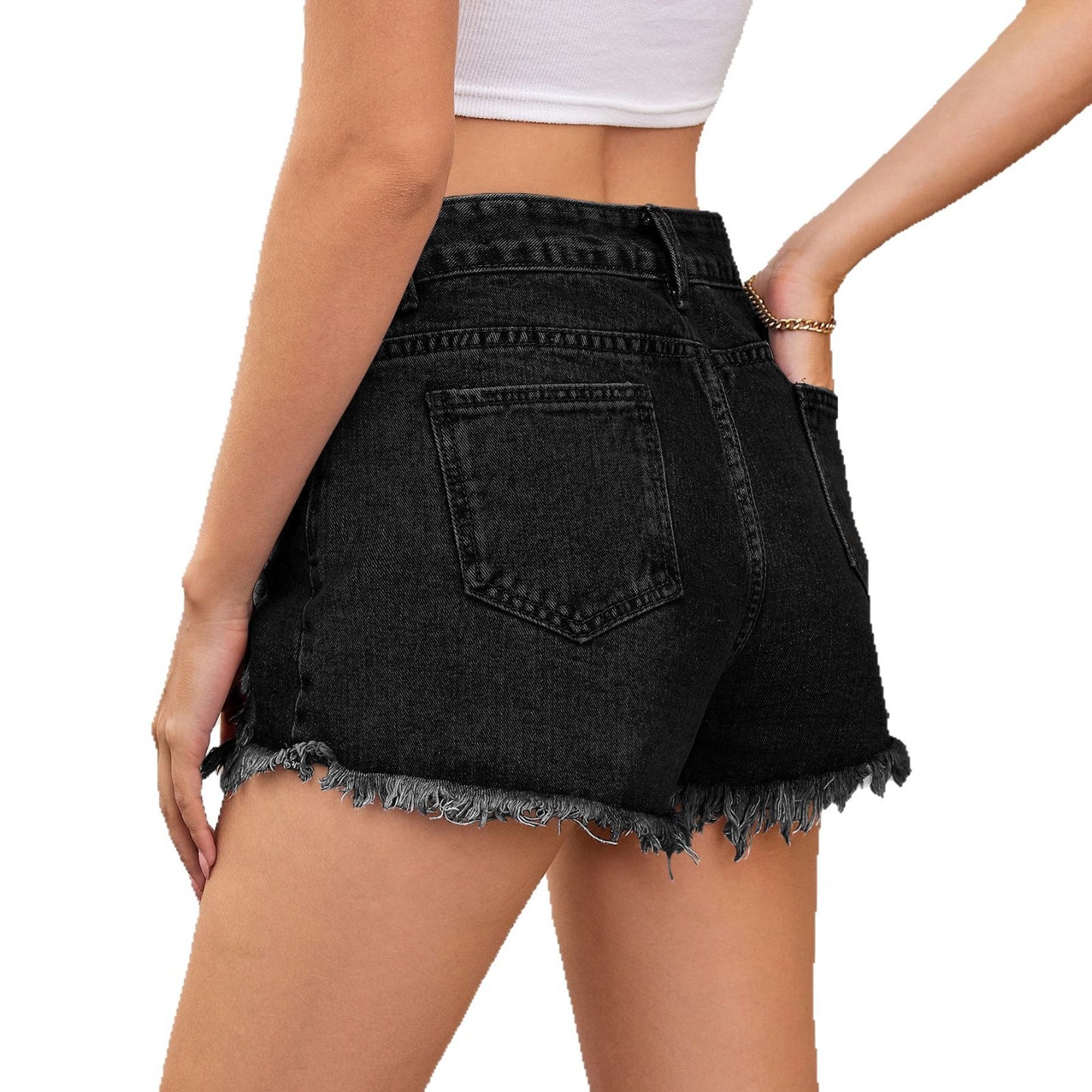 Women's Ripped Denim Shorts with Fringes and High Waist Chic and Style