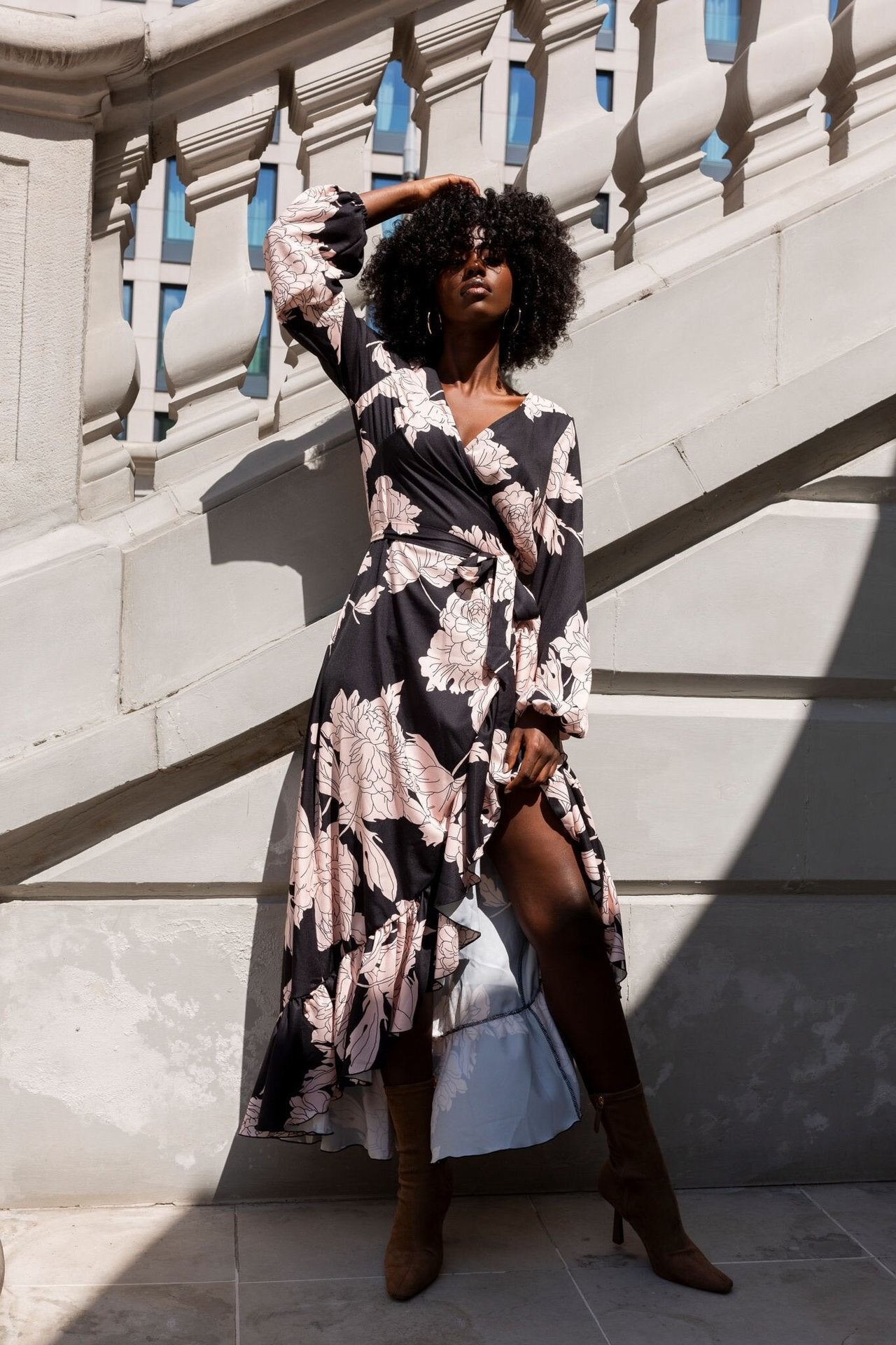 Women's Chic and Elegant Ruffle Wrap Dress with Asymmetrical Hem