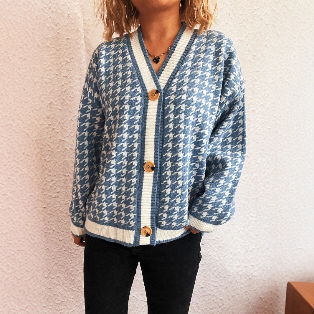 Cardigan en tricot décontracté pour femmes avec un motif à pied de poule à la mode et des boutons en bois Chic und Stil