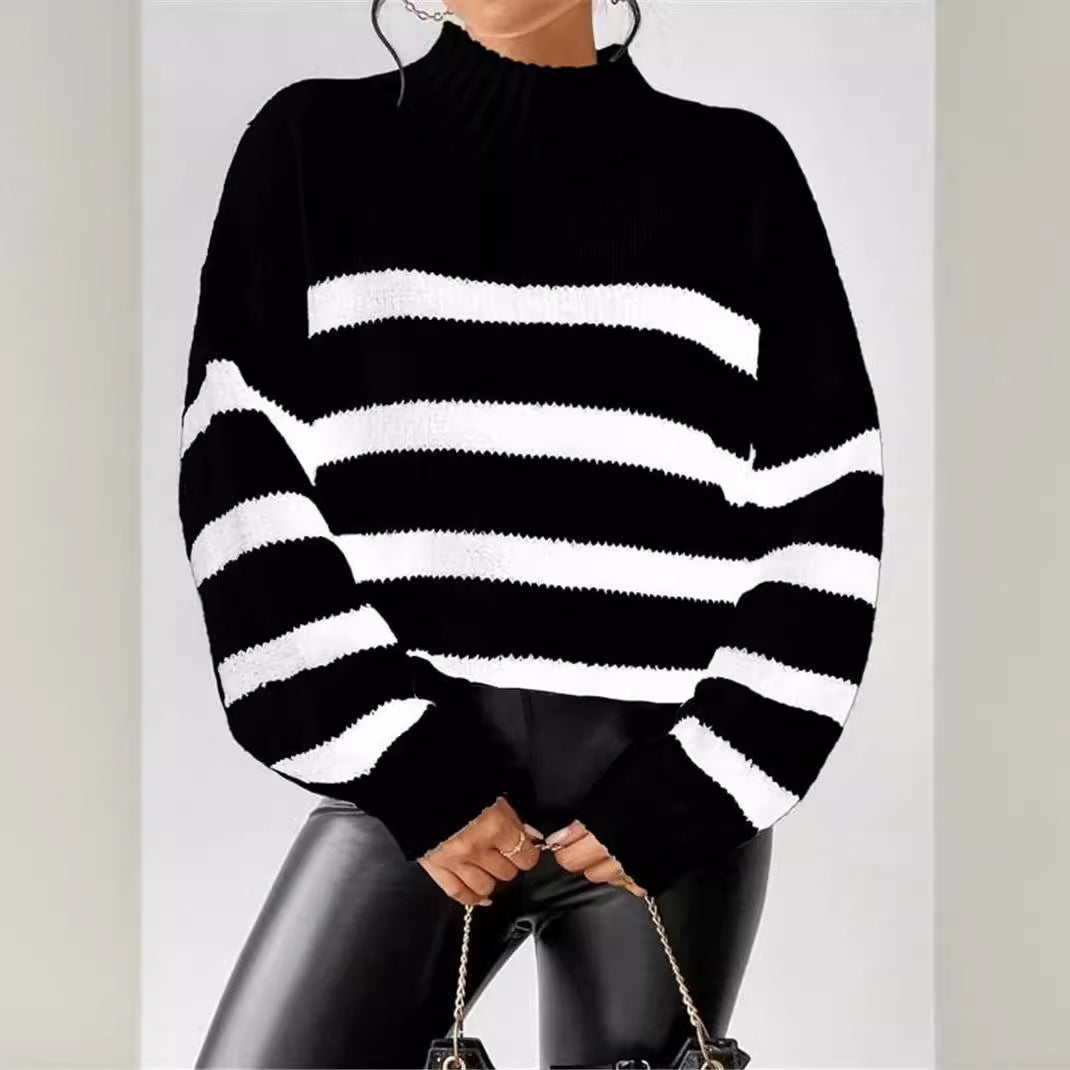 Dames gros tricot pull avec des rayures à la mode et un grand col Chic und Stil