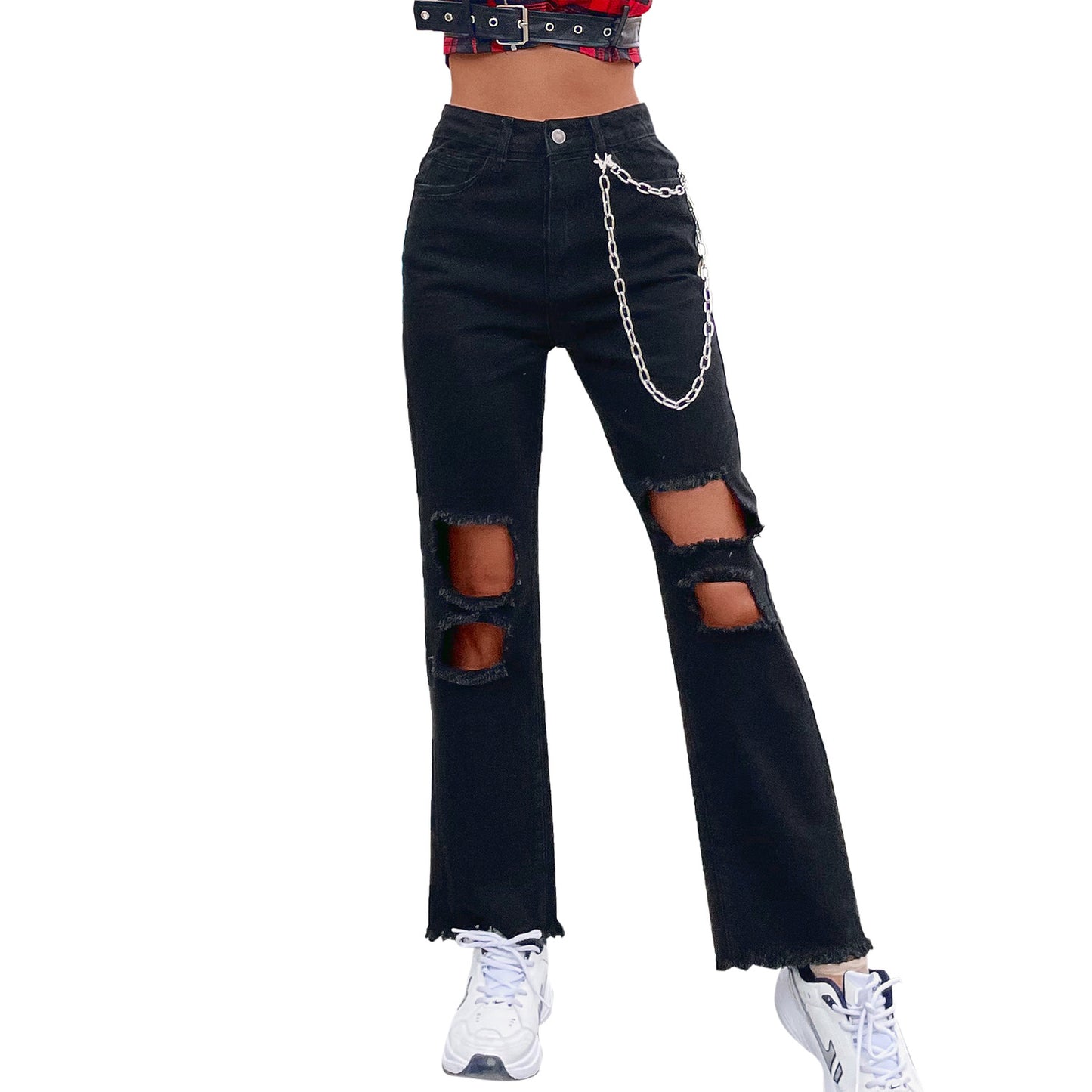 Jeans détruits pour femmes avec poches décontractées et détail chaîne à la mode Chic und Stil