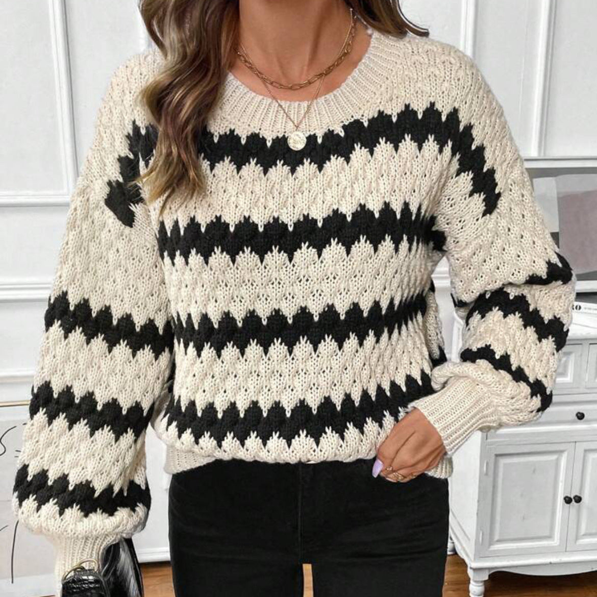 Pull en maille épaisse pour femmes avec motif géométrique et manches volumineuses Chic und Stil