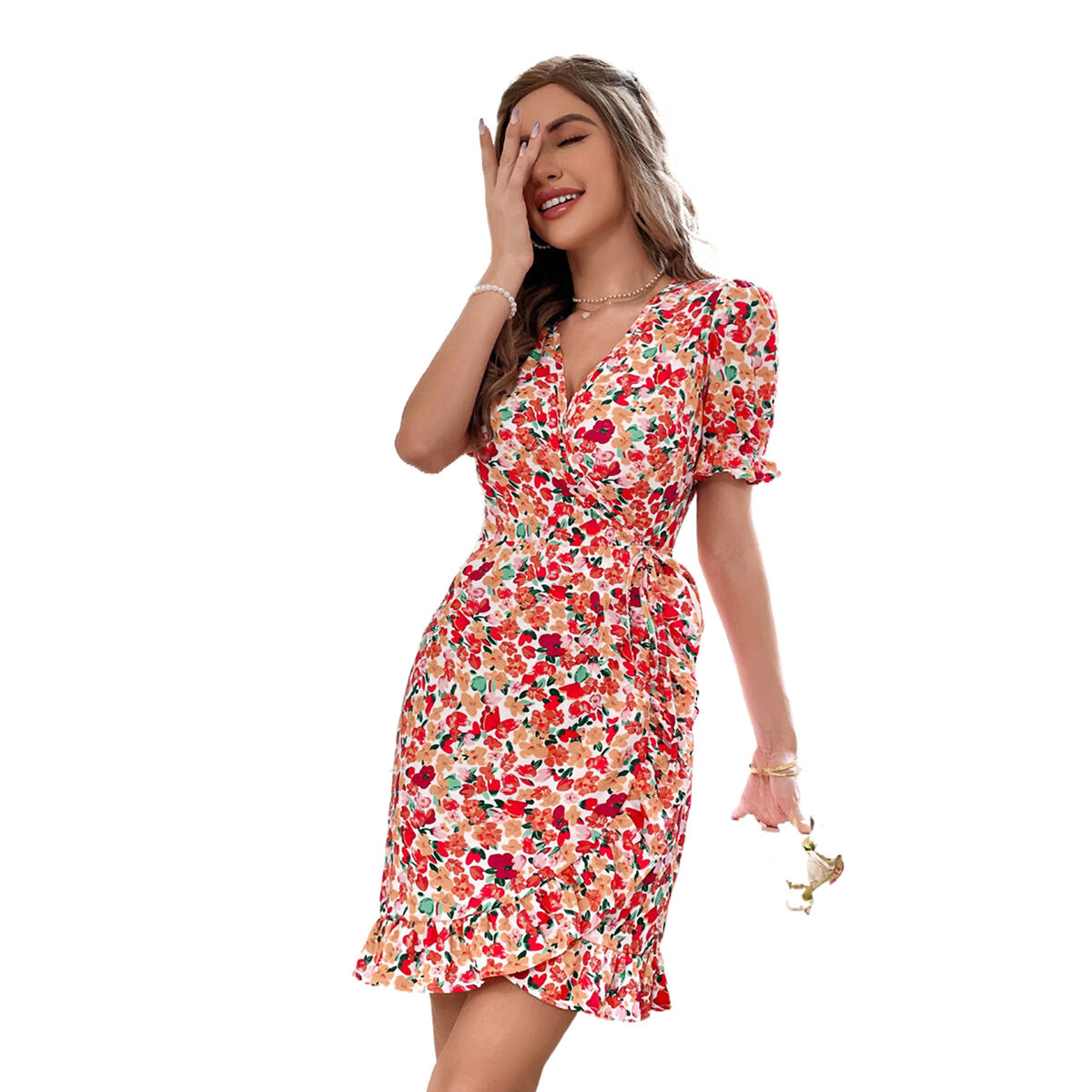 Robe mini à fleurs pour dames avec détail enroulé et manches volumineuses Chic und Stil
