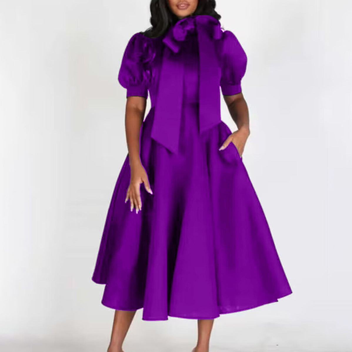 Dames Élégante Robe en A avec Col en Nœud et Manches Volantes Chic und Stil