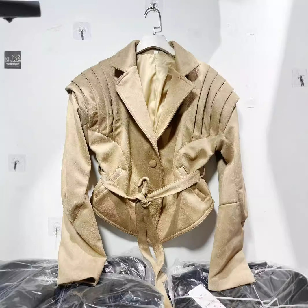 Elegant synthetic leather jacket for women with ruffle details and practical pockets Chic and Style