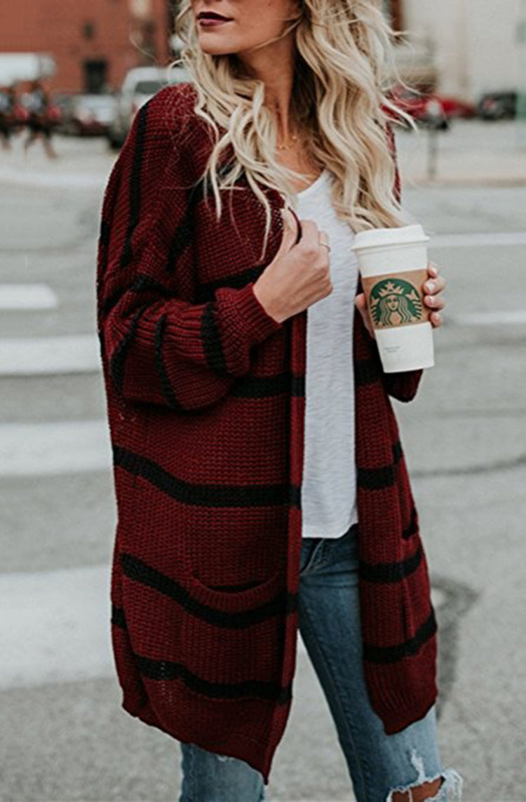 Cardigan en tricot décontracté pour femmes avec poches et larges rayures Chic und Stil