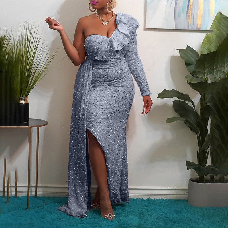 Femmes Robe maxi élégante sans épaules avec des accents scintillants et un design asymétrique Chic und Stil