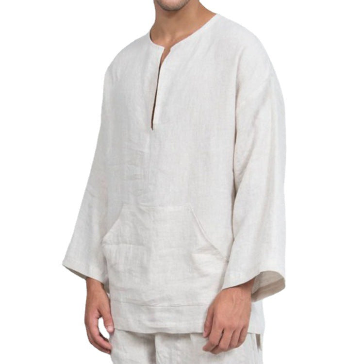 Hommes haut en lin décontracté avec encolure Henley et poche kangourou pratique Chic und Stil