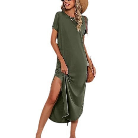 Robe maxi décontractée pour femmes avec fente latérale et joli col rond Chic und Stil
