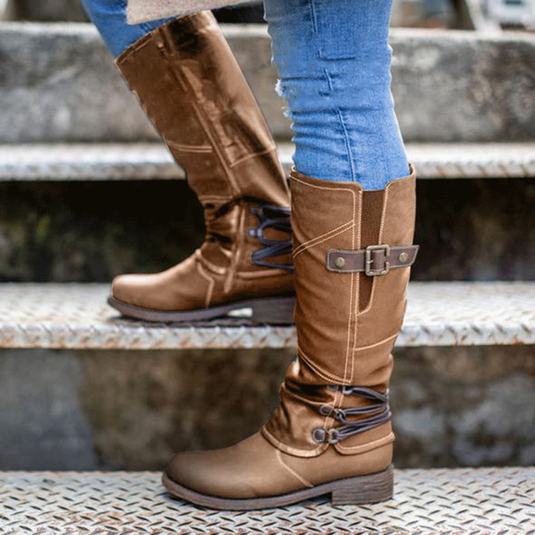 Bottes en cuir hautes pour femmes avec boucles décoratives et sangles élastiques Chic und Stil