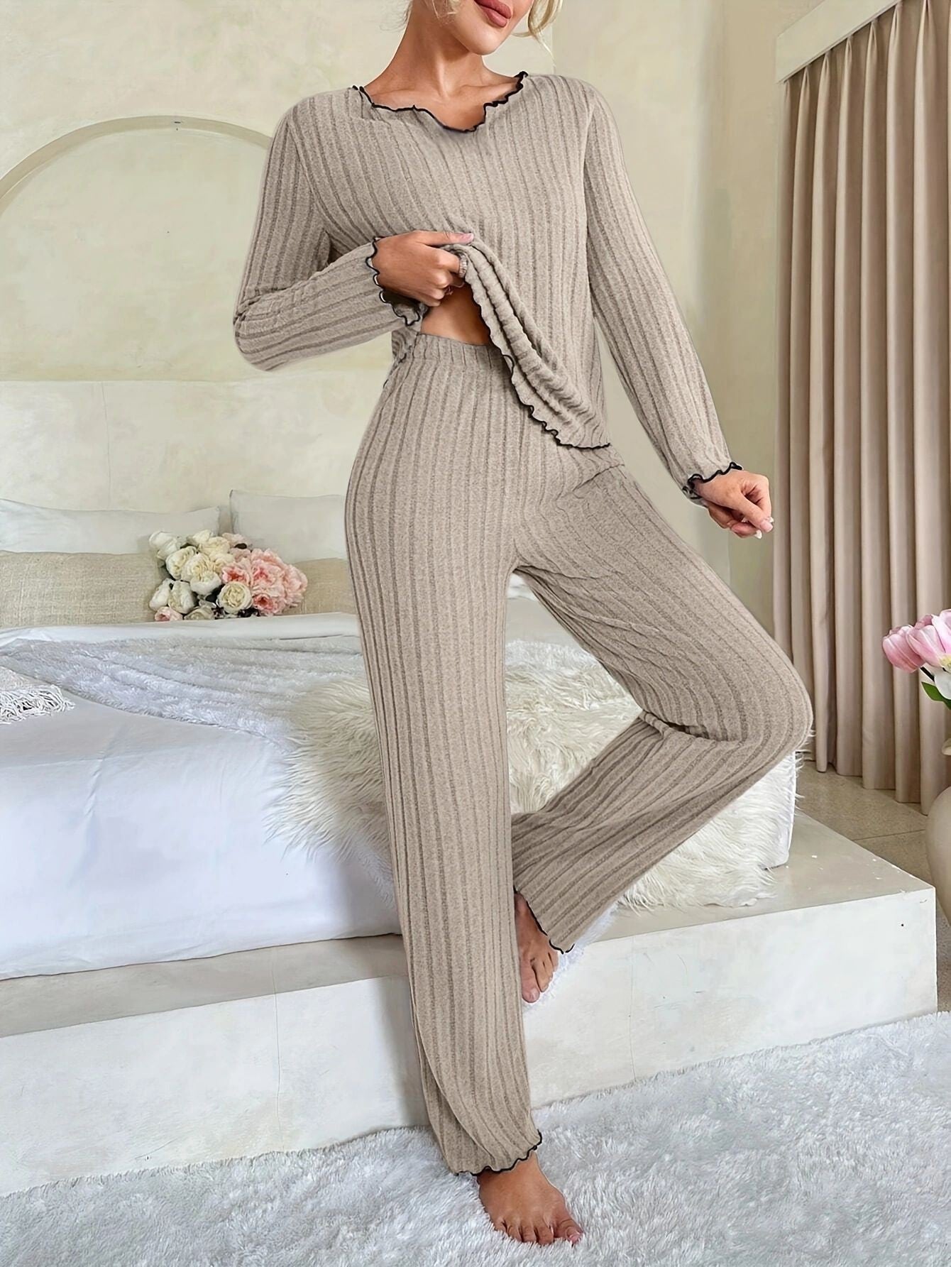 Ladies Comfortable Two-Piece Pajama with Contrast Ruffles Chic and Style