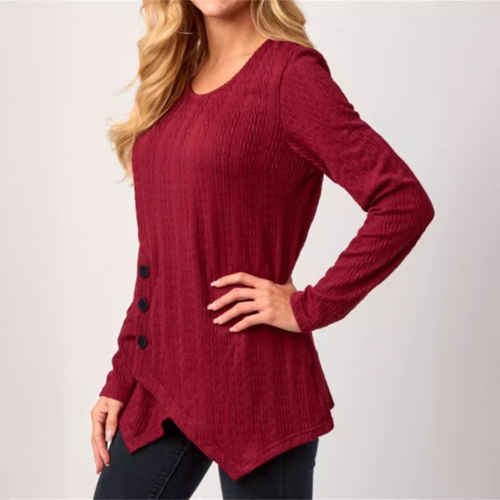 T-shirt à manches longues asymétrique pour femmes avec détails de boutons et design texturé Chic und Stil