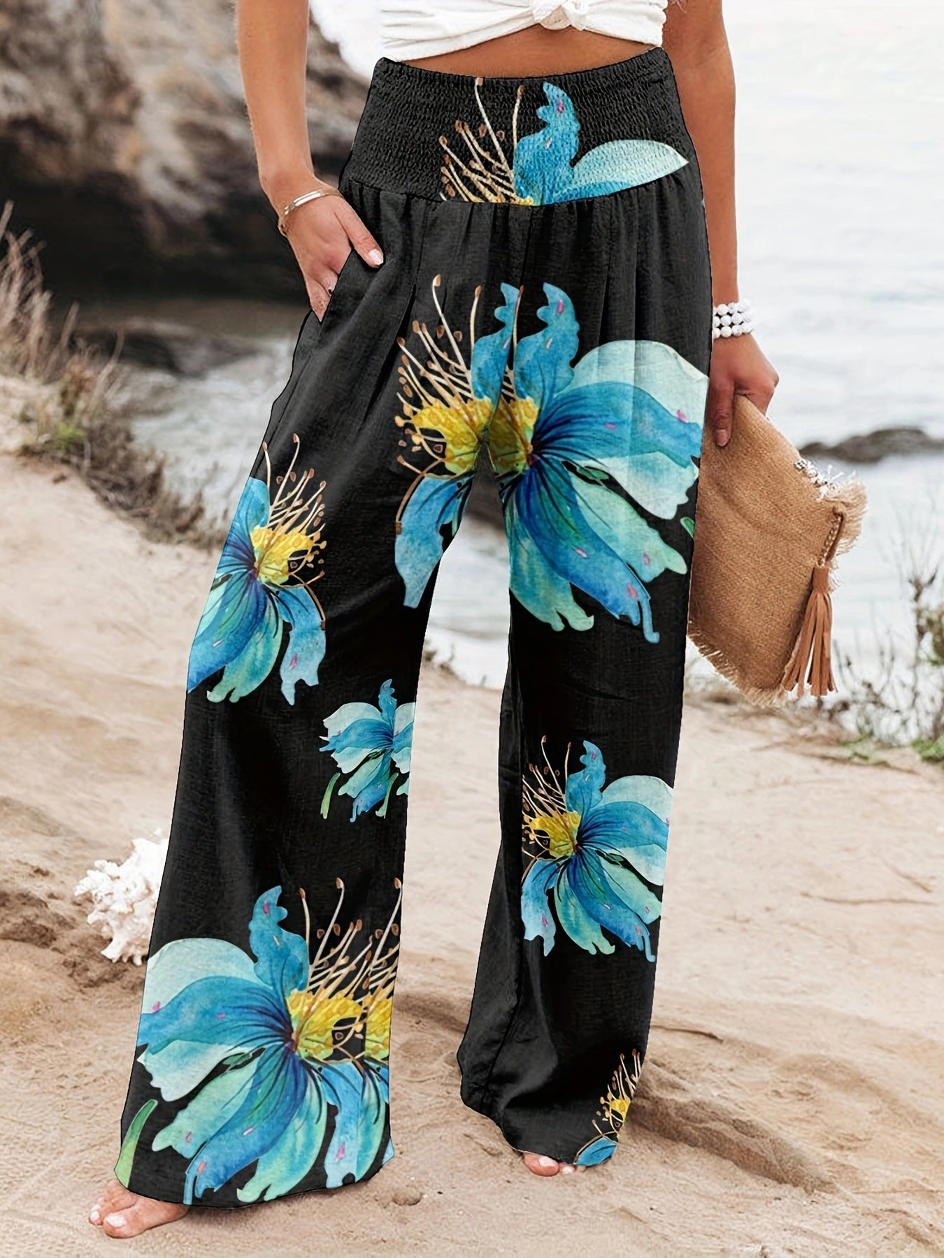 Pantalon d'été ample pour femmes avec imprimé floral et ceinture élastique Chic und Stil