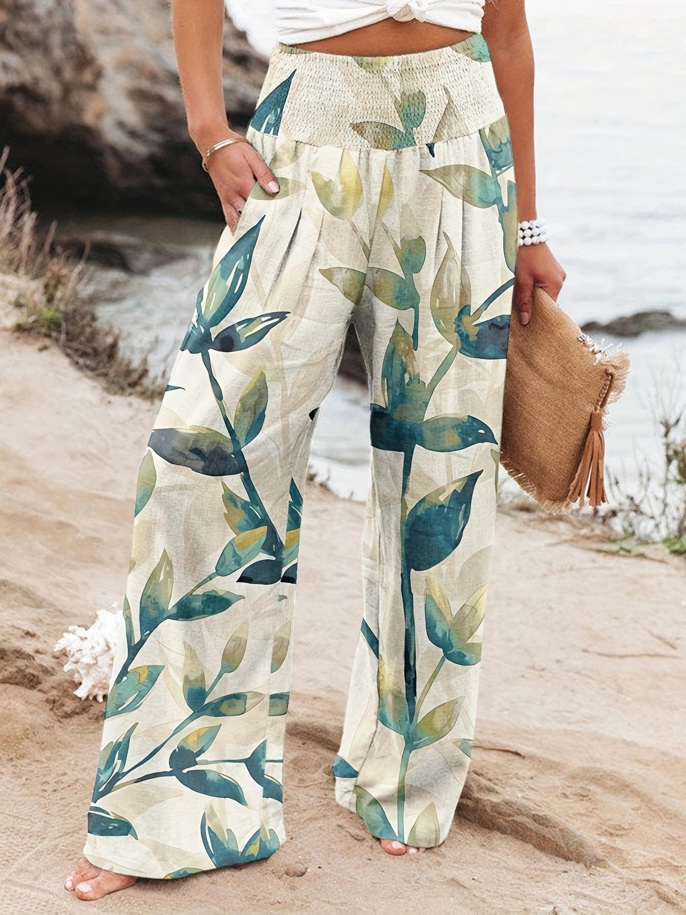 Pantalon d'été ample pour femmes avec imprimé floral et ceinture élastique Chic und Stil