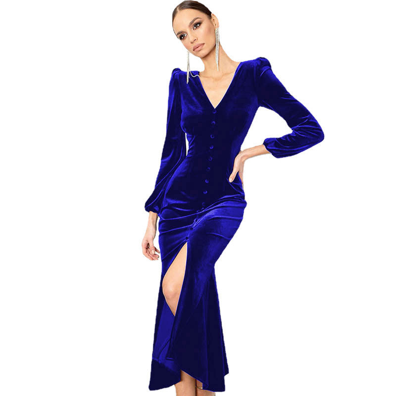 Robe maxi en velours pour femmes avec décolleté en V profond et détails de bouton Chic und Stil