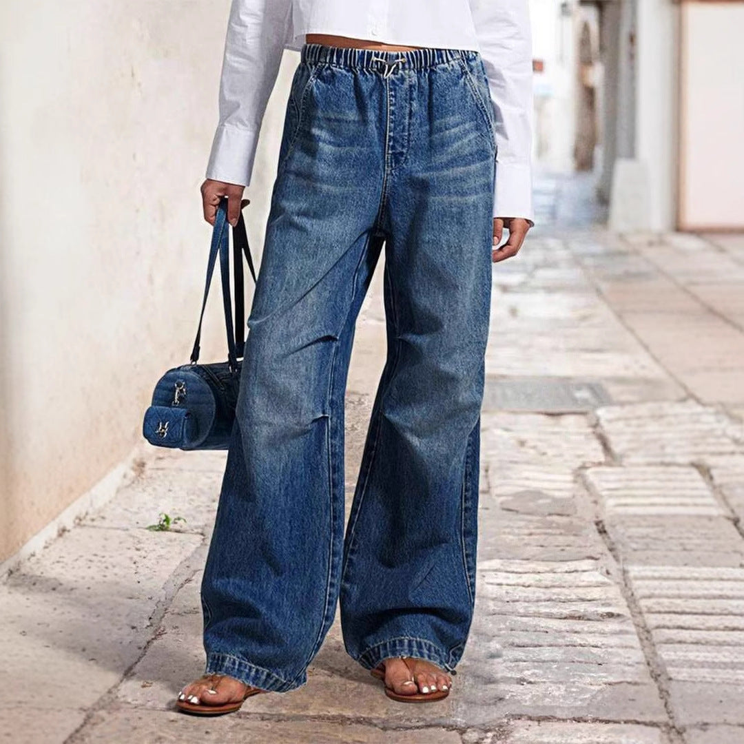 High-waisted Flared Denim Pants for Women with Elastic Waist Chic and Style