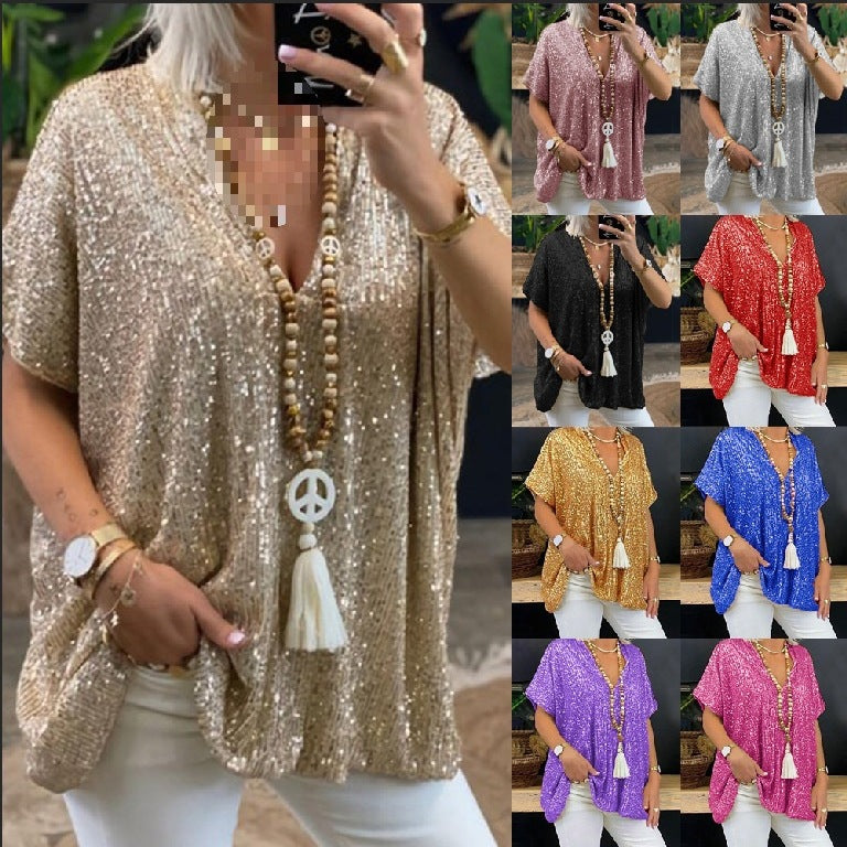 T-Shirt tunique paillettes glamour pour femmes avec décolleté en V Chic und Stil