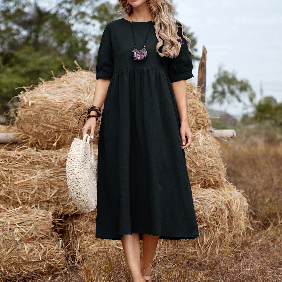 Robe midi en coton échelonné pour femmes Freizeit Chic und Stil