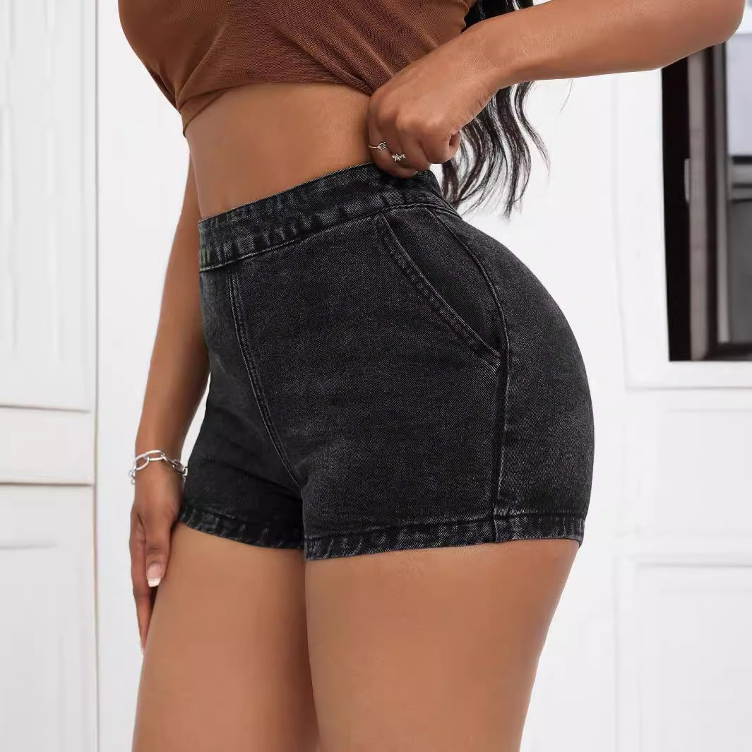 Shorts en denim taille haute pour femmes avec ceinture rembourrée et poches latérales Chic und Stil