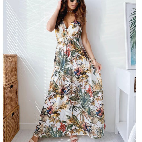 Robe maxi imprimé tropical pour femmes avec ceinture en tissu réglable Chic und Stil