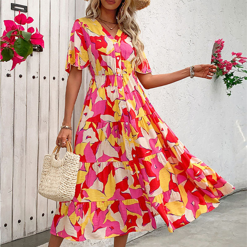 Robe midi florale à boutons pour femmes Chic und Stil